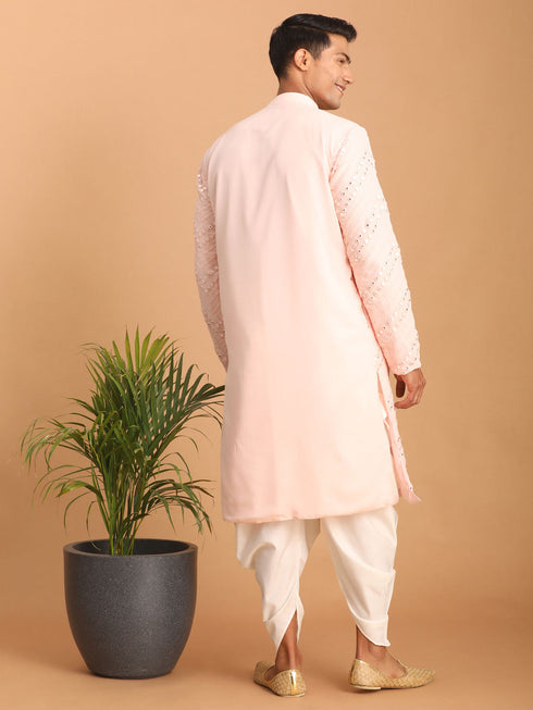 Vastramay Men's Pink Mirror Kurta dhoti Set